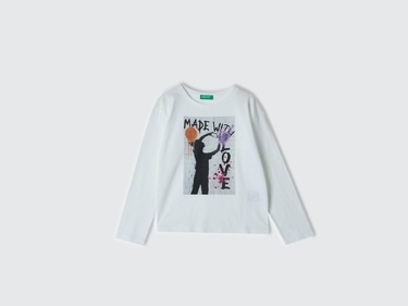  Kız Çocuk Beyaz Önü Fotoğraf Baskılı Bisiklet Yaka Uzun Kollu T-Shirt