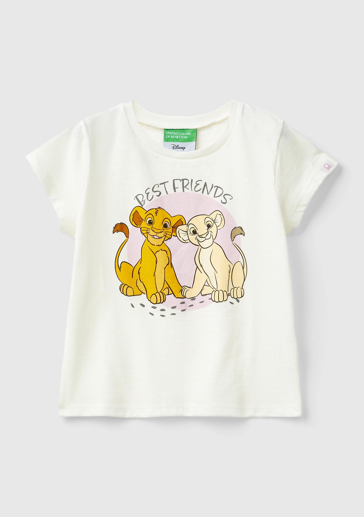  Kız Çocuk Ekru Kol Ucu Logo Etiketli Lion King Baskılı Normal Kesim T-Shirt