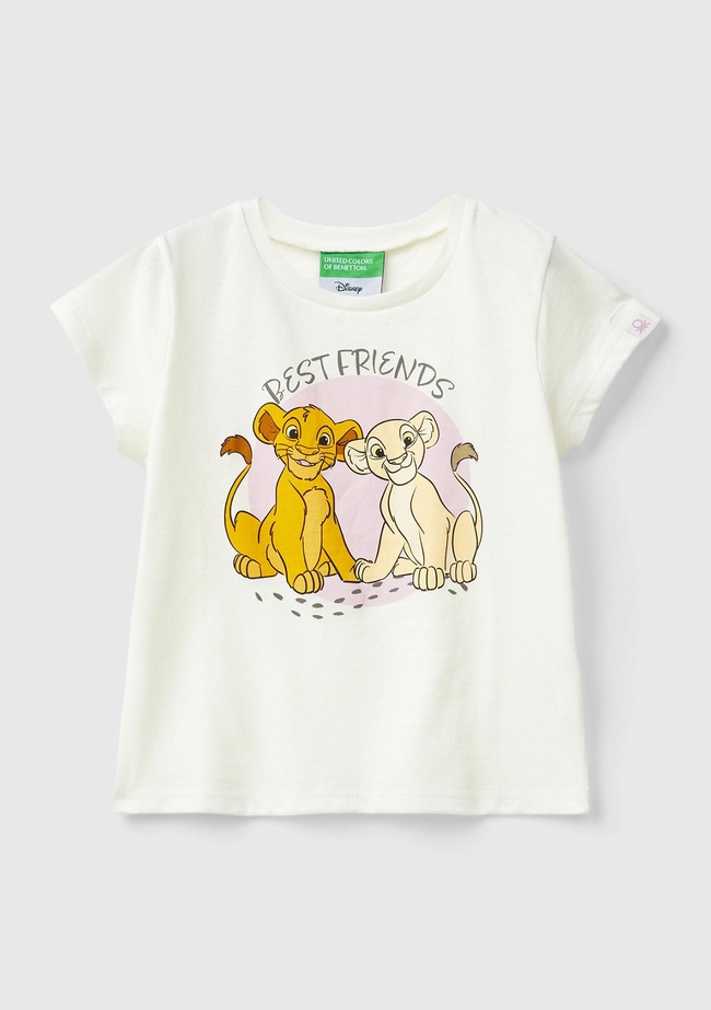  Kız Çocuk Ekru Kol Ucu Logo Etiketli Lion King Baskılı Normal Kesim T-Shirt