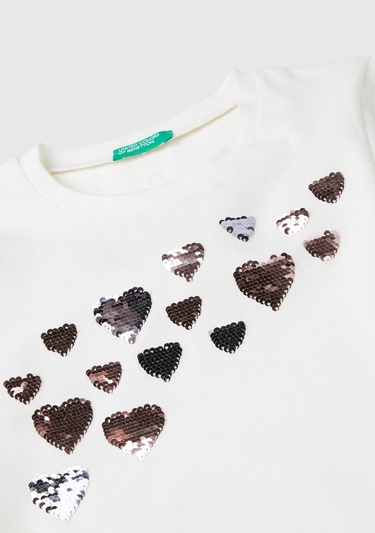  Kız Çocuk Ekru Önü Pullu Grafik Detaylı Dar Kesim Uzun Kollu T-Shirt