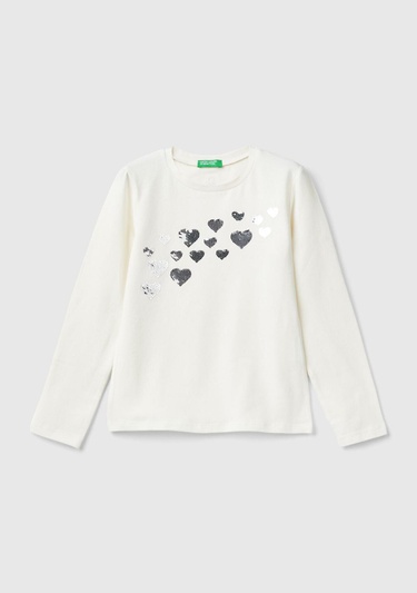  Kız Çocuk Ekru Önü Pullu Grafik Detaylı Dar Kesim Uzun Kollu T-Shirt