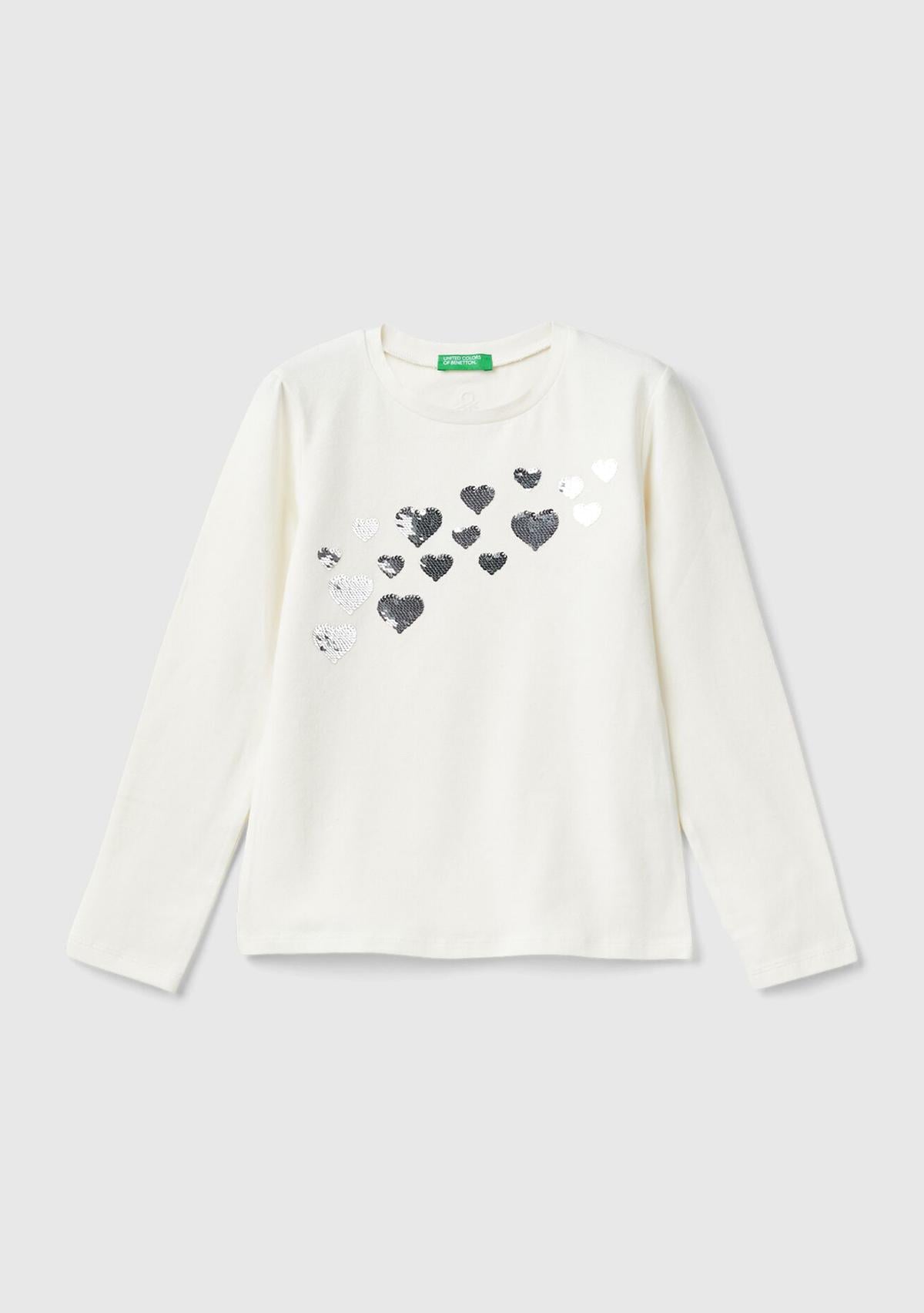  Kız Çocuk Ekru Önü Pullu Grafik Detaylı Dar Kesim Uzun Kollu T-Shirt