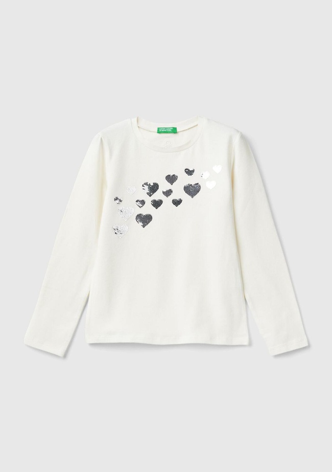  Kız Çocuk Ekru Önü Pullu Grafik Detaylı Dar Kesim Uzun Kollu T-Shirt