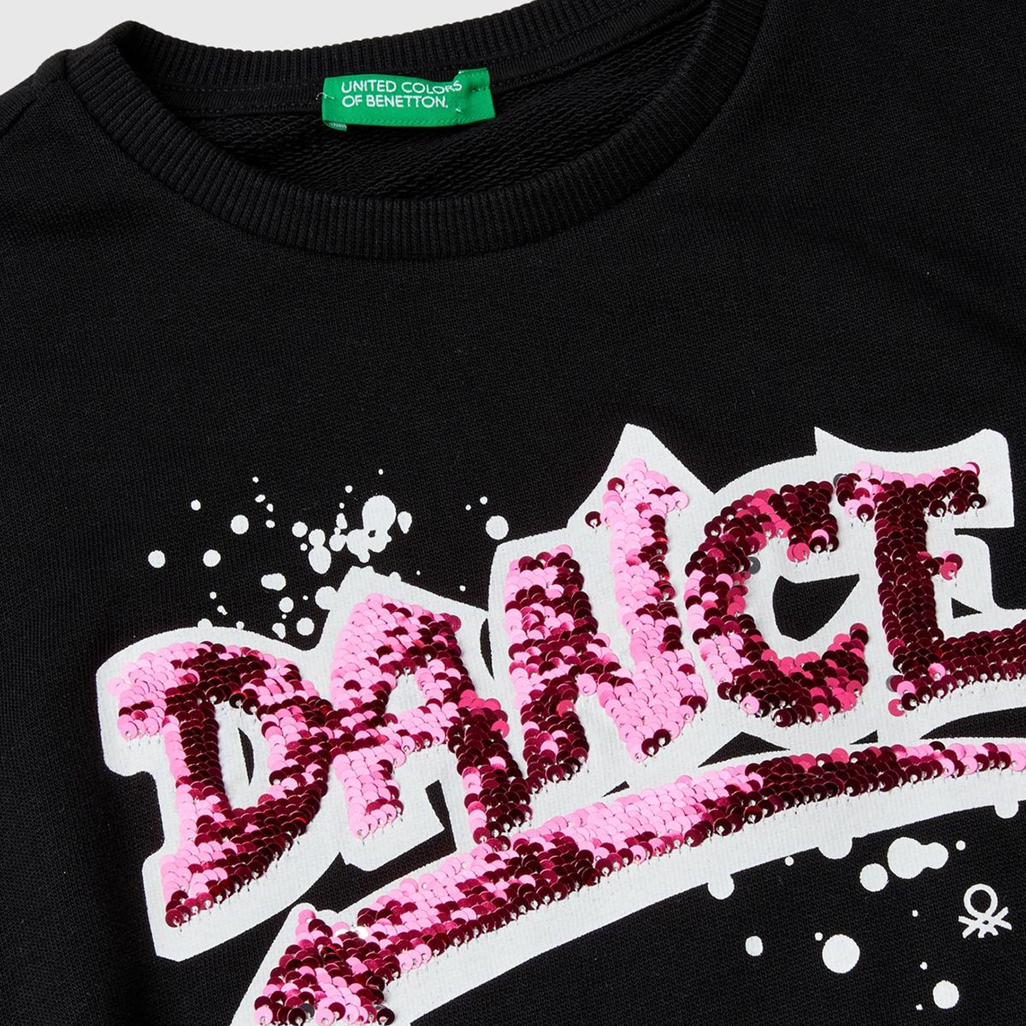 Kız Çocuk Siyah Önü Pullu Baskı Detaylı Bisiklet Yaka Sweatshirt