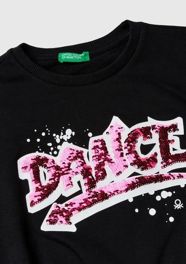  Kız Çocuk Siyah Önü Pullu Baskı Detaylı Bisiklet Yaka Sweatshirt