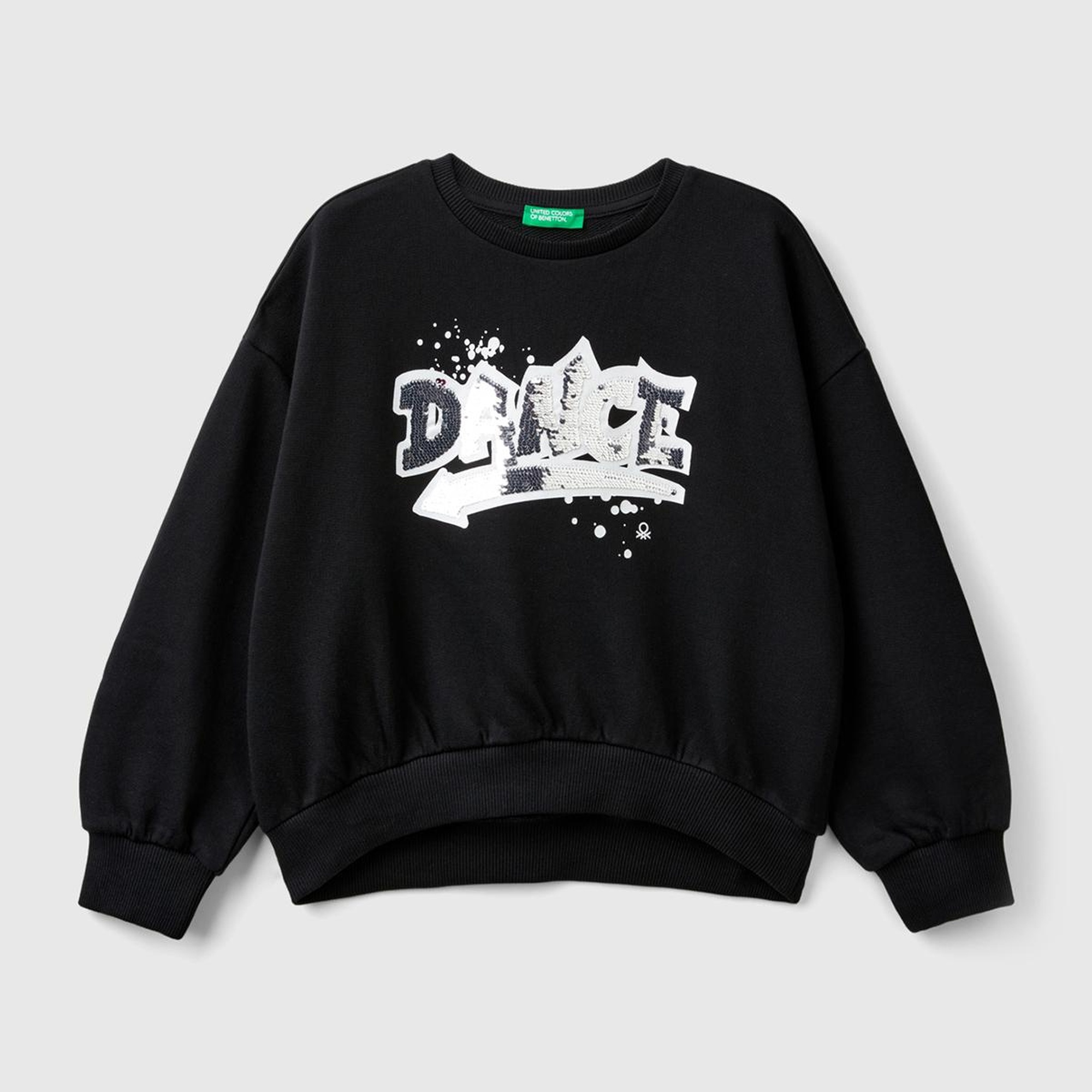 Kız Çocuk Siyah Önü Pullu Baskı Detaylı Bisiklet Yaka Sweatshirt