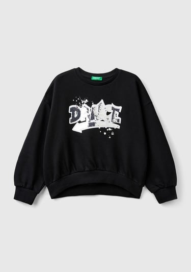  Kız Çocuk Siyah Önü Pullu Baskı Detaylı Bisiklet Yaka Sweatshirt