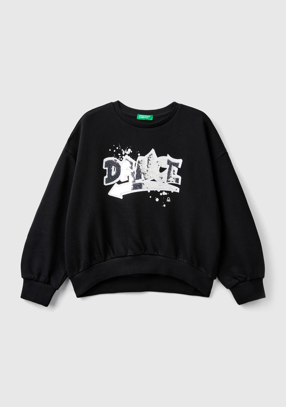  Kız Çocuk Siyah Önü Pullu Baskı Detaylı Bisiklet Yaka Sweatshirt