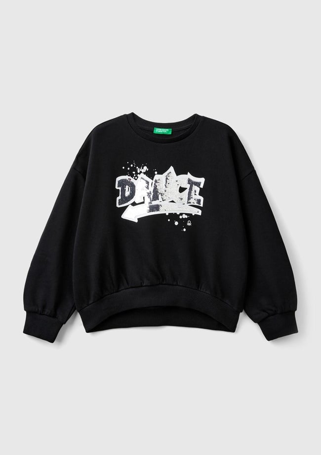  Kız Çocuk Siyah Önü Pullu Baskı Detaylı Bisiklet Yaka Sweatshirt