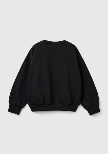  Kız Çocuk Siyah Önü Pullu Baskı Detaylı Bisiklet Yaka Sweatshirt