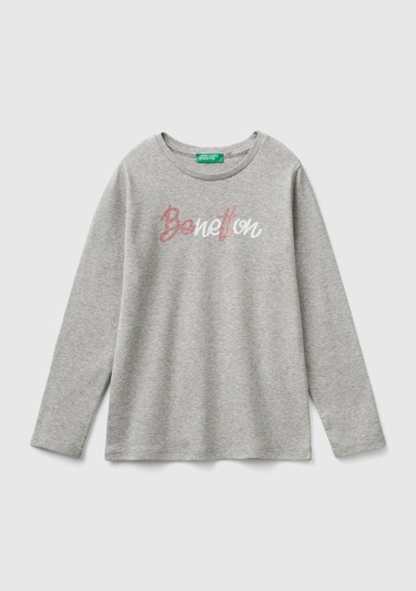  Kız Çocuk Gri Melanj Önü Parıltılı Logo Baskılı Regular Fit Uzun Kollu T-Shirt