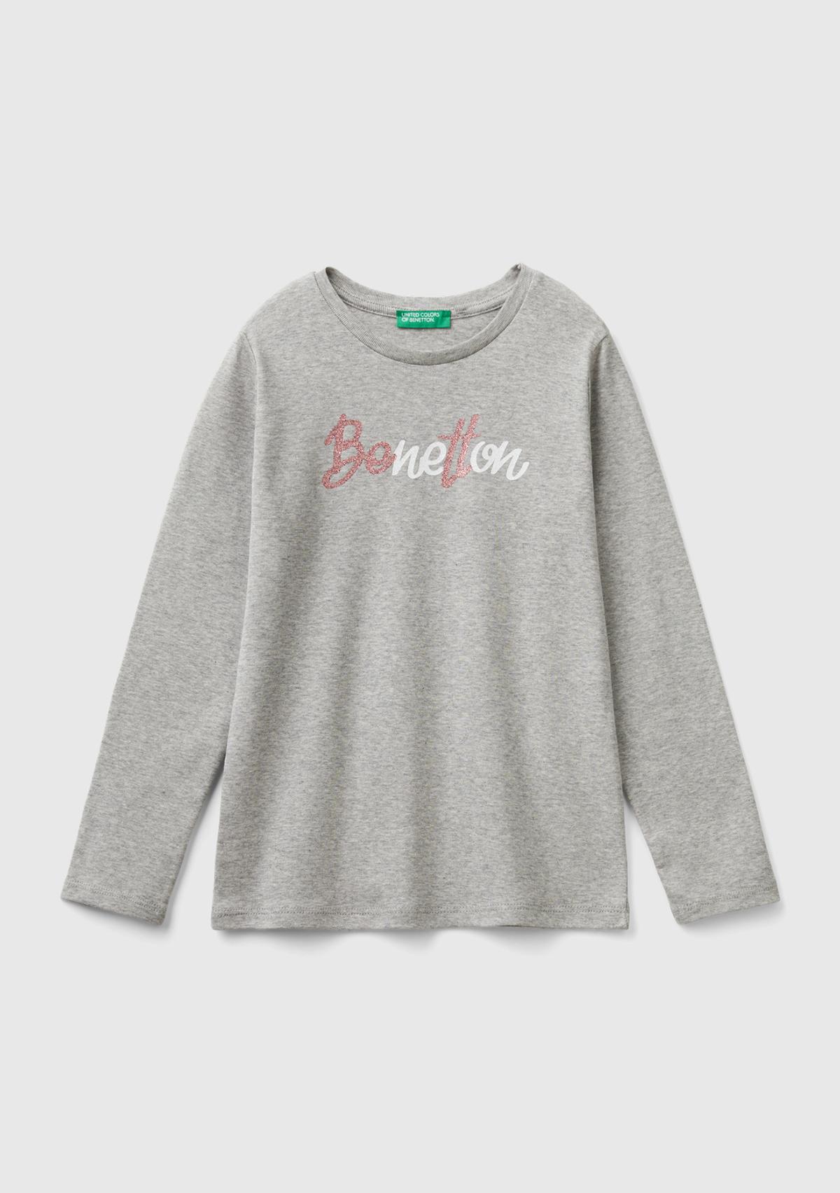  Kız Çocuk Gri Melanj Önü Parıltılı Logo Baskılı Regular Fit Uzun Kollu T-Shirt