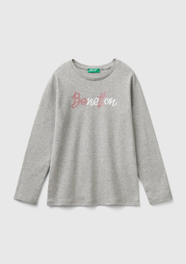  Kız Çocuk Gri Melanj Önü Parıltılı Logo Baskılı Regular Fit Uzun Kollu T-Shirt