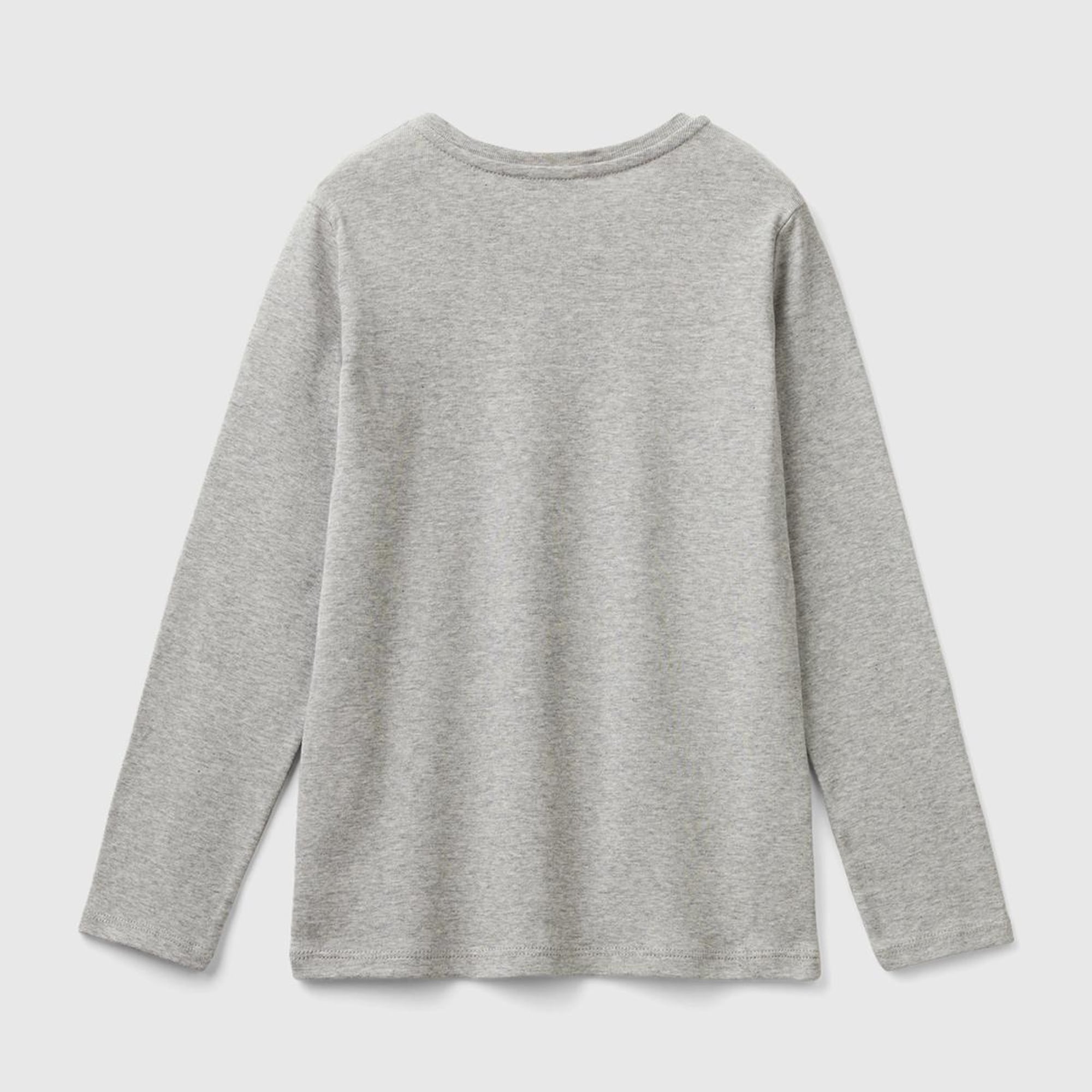 Kız Çocuk Gri Melanj Önü Parıltılı Logo Baskılı Regular Fit Uzun Kollu T-Shirt