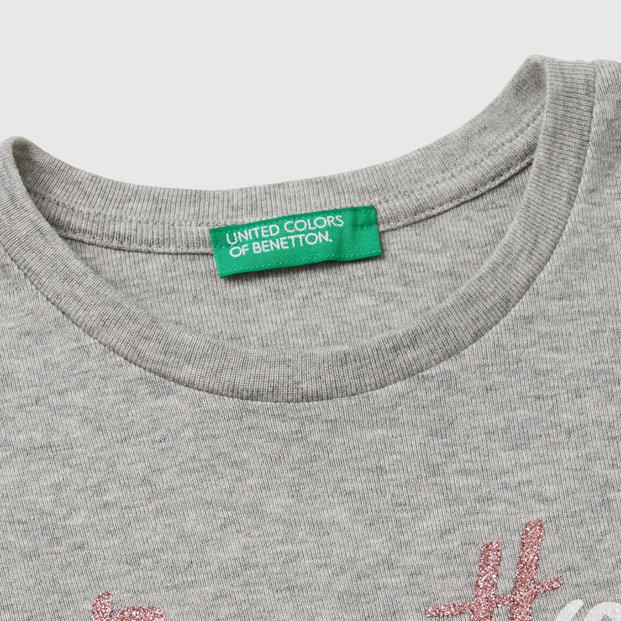 Kız Çocuk Gri Melanj Önü Parıltılı Logo Baskılı Regular Fit Uzun Kollu T-Shirt