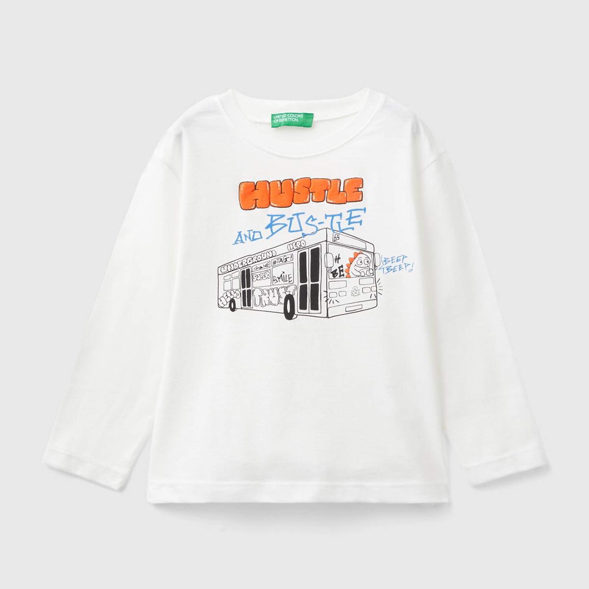 Erkek Çocuk Beyaz Önü Araç Baskılı Bisiklet Yaka Uzun Kollu T-Shirt