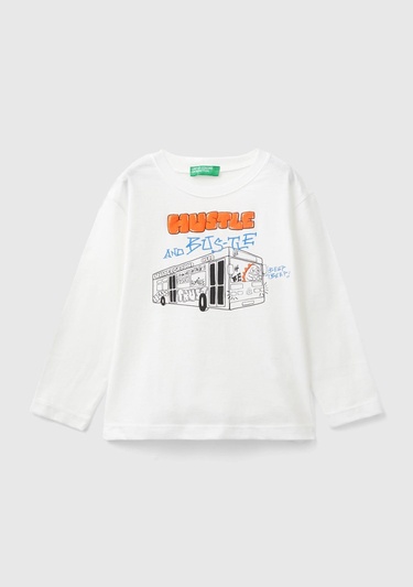  Erkek Çocuk Beyaz Önü Araç Baskılı Bisiklet Yaka Uzun Kollu T-Shirt