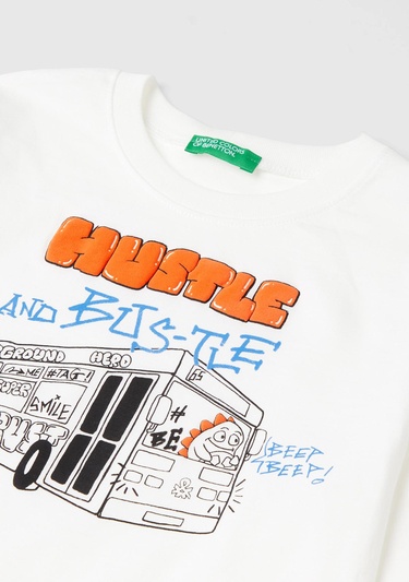  Erkek Çocuk Beyaz Önü Araç Baskılı Bisiklet Yaka Uzun Kollu T-Shirt