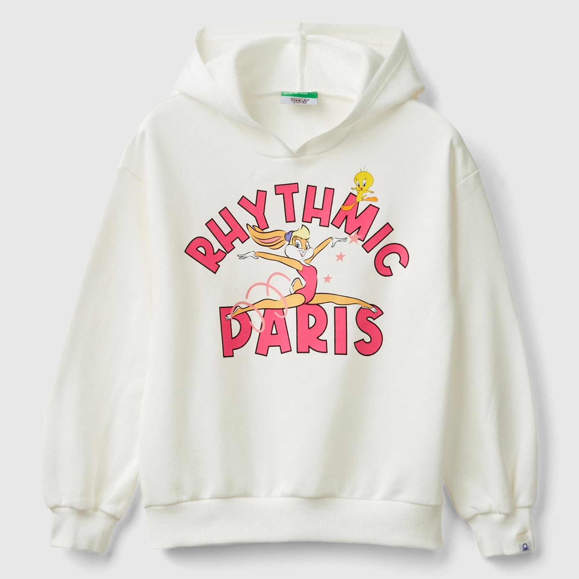 Kız Çocuk Beyaz Tweety Baskılı Düşük Omuz Rahat Kalıp Kapüşonlu Sweatshirt