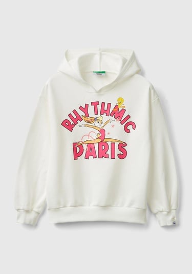  Kız Çocuk Beyaz Tweety Baskılı Düşük Omuz Rahat Kalıp Kapüşonlu Sweatshirt