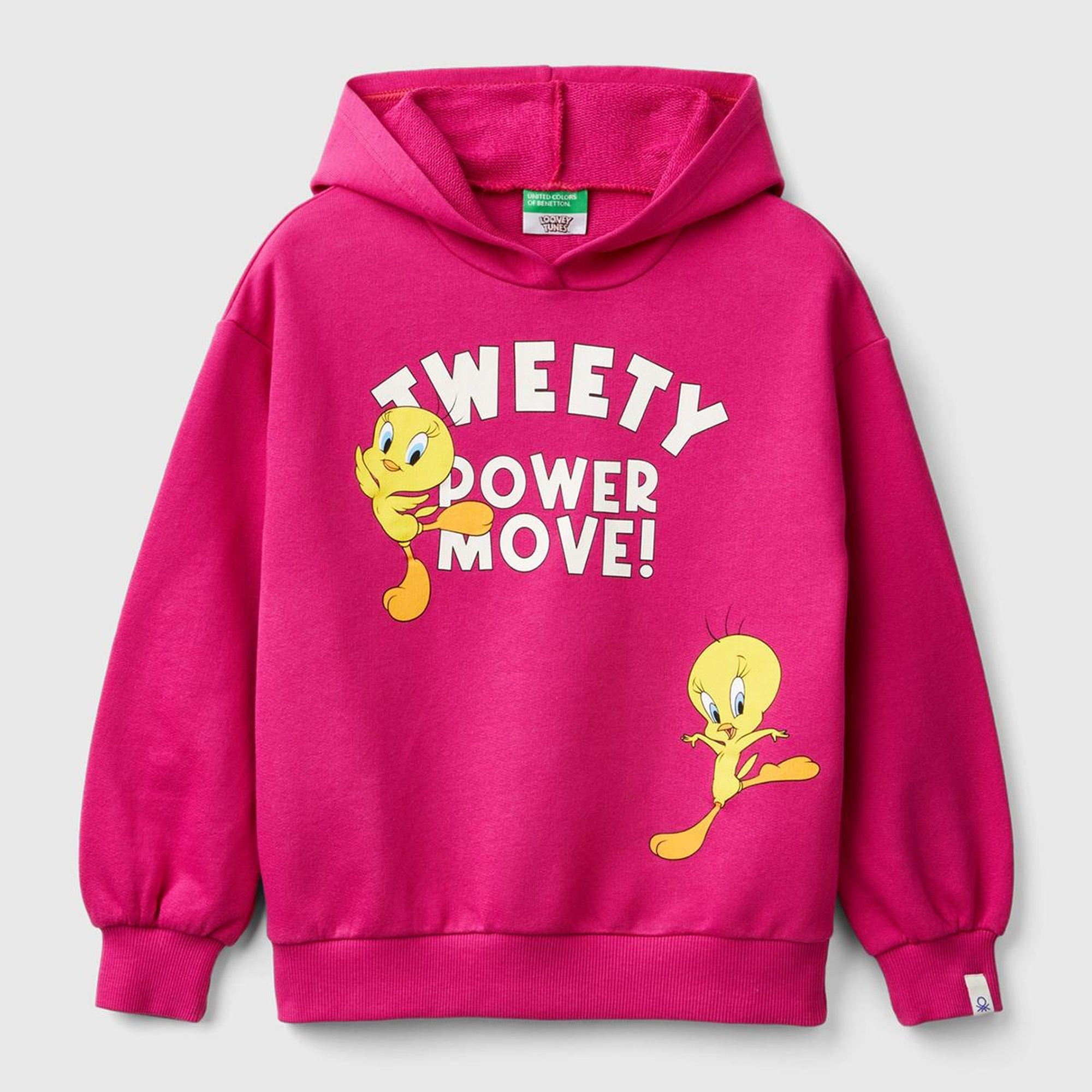 Kız Çocuk Fuşya Tweety Baskılı Düşük Omuz Rahat Kalıp Kapüşonlu Sweatshirt