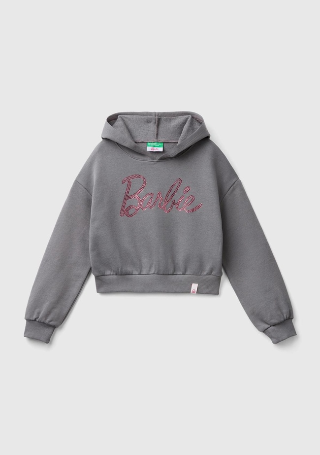  Kız Çocuk Antrasit Etek Ucu Logolu Barbie Baskılı Kapüşonlu Kısa Sweatshirt