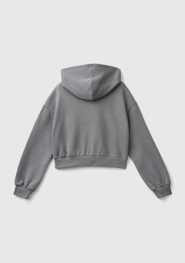  Kız Çocuk Antrasit Etek Ucu Logolu Barbie Baskılı Kapüşonlu Kısa Sweatshirt