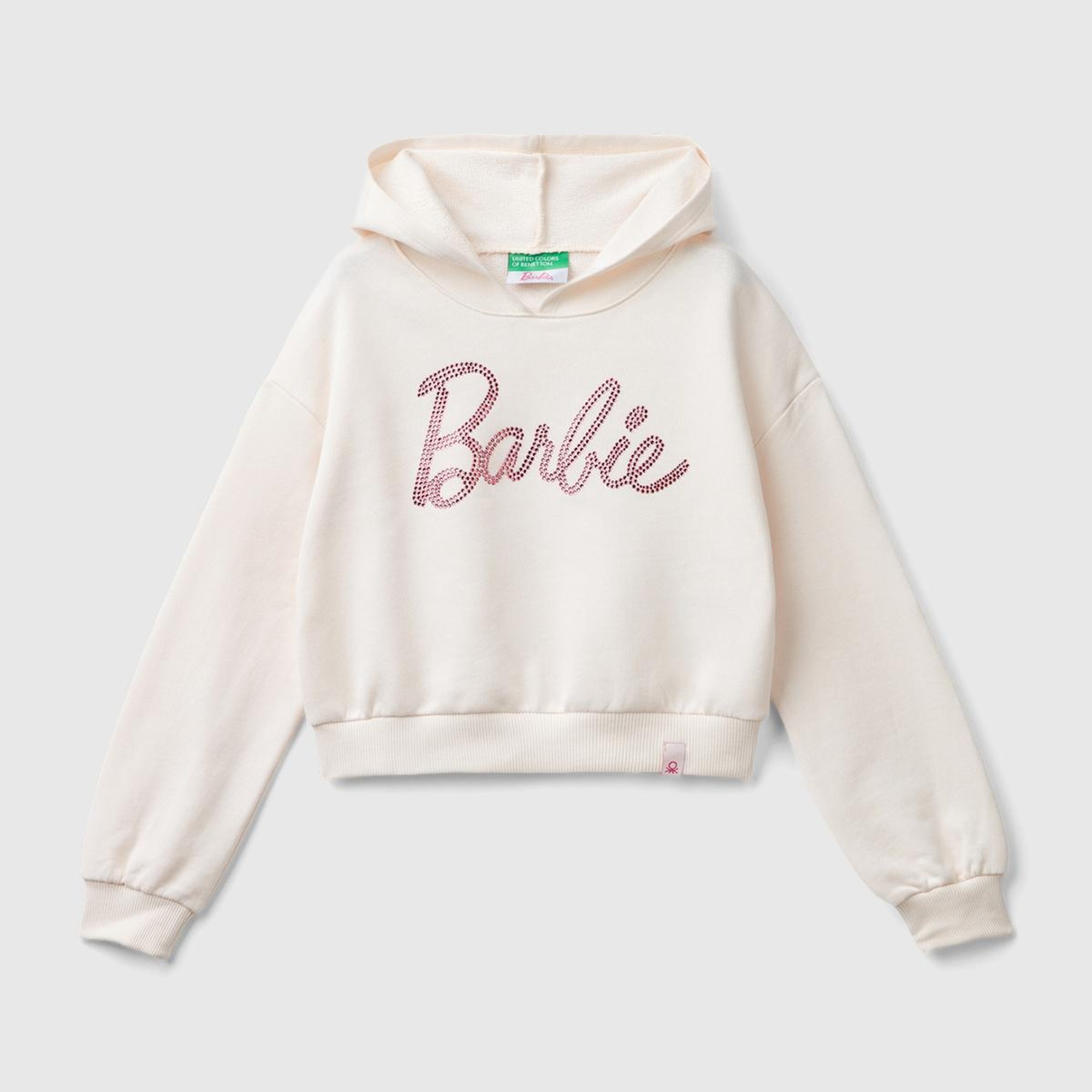 Kız Çocuk Ekru Etek Ucu Logolu Barbie Baskılı Kapüşonlu Kısa Sweatshirt