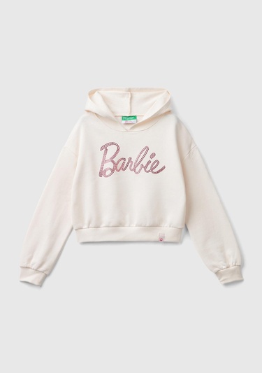  Kız Çocuk Ekru Etek Ucu Logolu Barbie Baskılı Kapüşonlu Kısa Sweatshirt