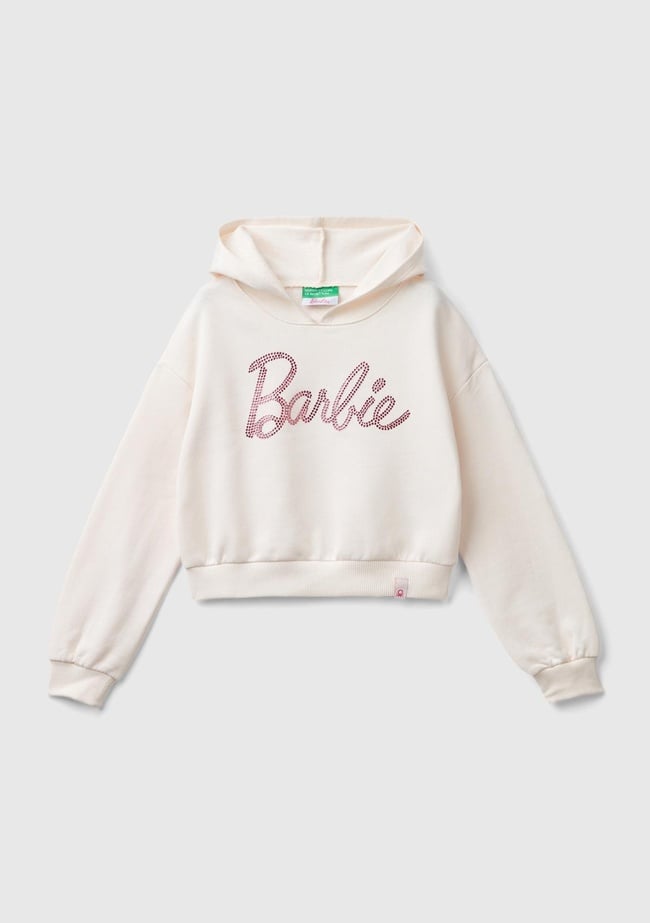  Kız Çocuk Ekru Etek Ucu Logolu Barbie Baskılı Kapüşonlu Kısa Sweatshirt