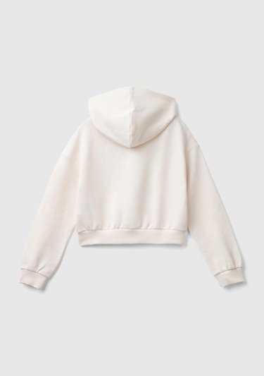  Kız Çocuk Ekru Etek Ucu Logolu Barbie Baskılı Kapüşonlu Kısa Sweatshirt