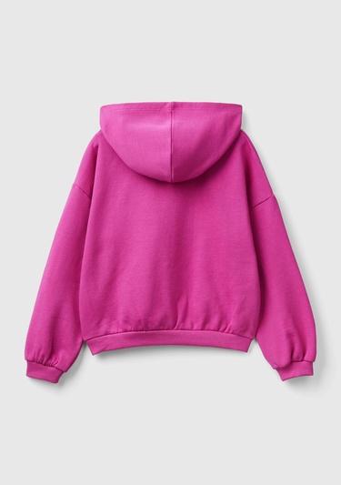  Kız Çocuk Fuşya Önü Su Bazlı Logo Baskılı Kapüşonlu Sweatshirt