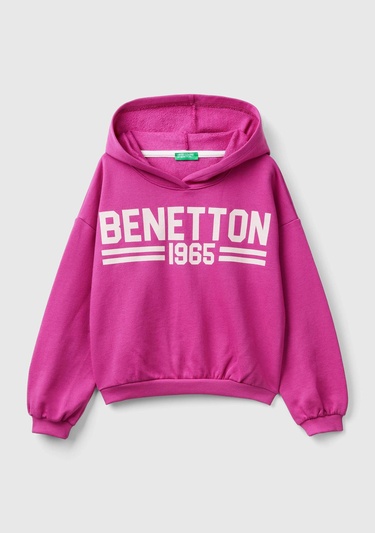  Kız Çocuk Fuşya Önü Su Bazlı Logo Baskılı Kapüşonlu Sweatshirt
