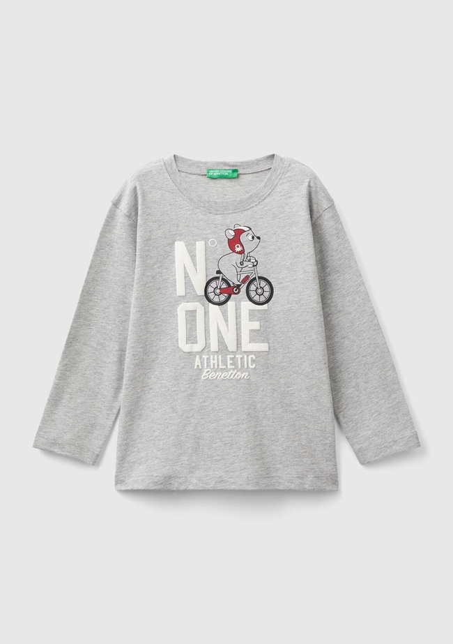  Erkek Çocuk Gri Melanj Önü Araç Baskılı Bisiklet Yaka Uzun Kollu T-Shirt