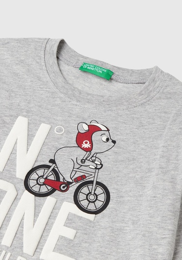  Erkek Çocuk Gri Melanj Önü Araç Baskılı Bisiklet Yaka Uzun Kollu T-Shirt