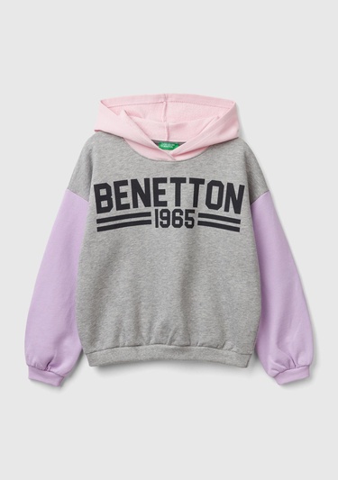  Kız Çocuk Gri Melanj Önü Su Bazlı Logo Baskılı Kapüşonlu Sweatshirt