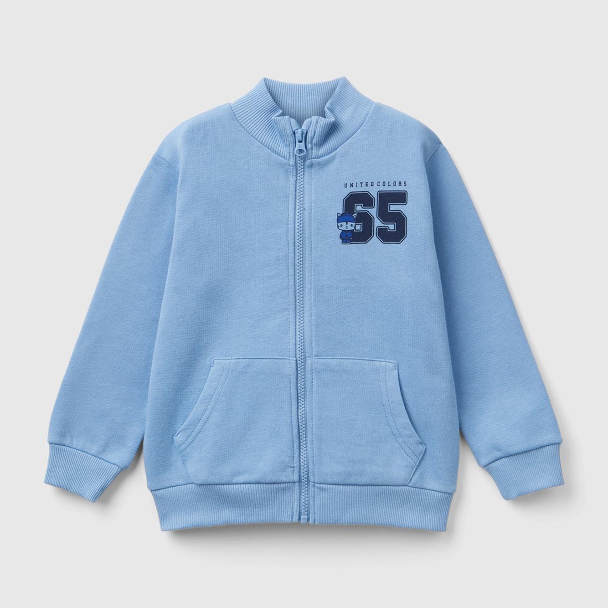 Erkek Çocuk Havacı Mavi Logo Baskılı Cepli Fermuarlı Dik Yaka Sweatshirt