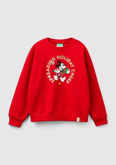  Kız Çocuk Kırmızı Etek Ucu Logolu Mickey Mouse Baskılı Rahat Kesim Sweatshirt