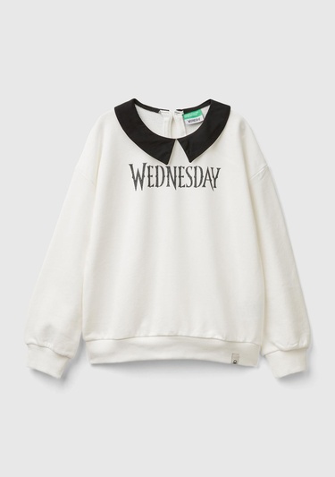  Kız Çocuk Beyaz Etek Ucu Logo Etiketli Önü Parlak Wednesday Baskılı Sweatshirt