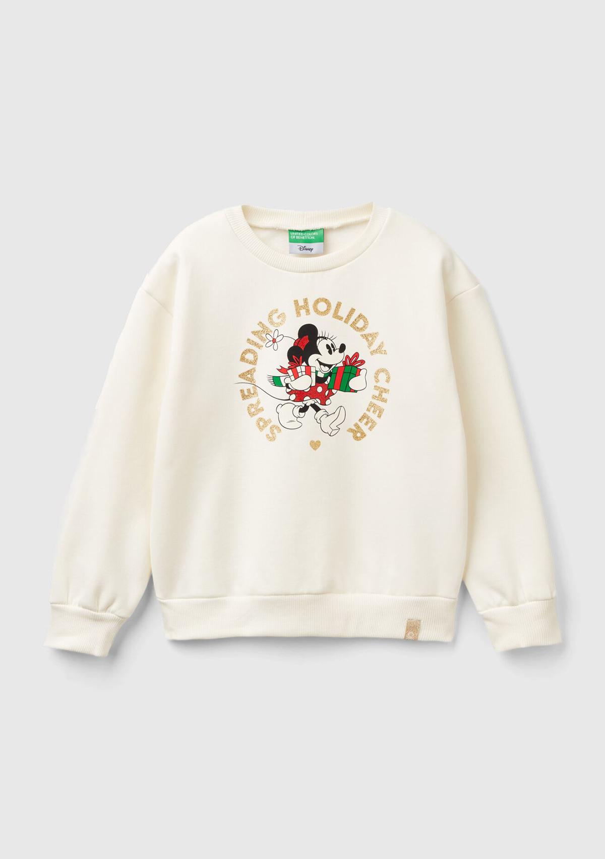  Kız Çocuk Ekru Etek Ucu Logolu Mickey Mouse Baskılı Rahat Kesim Sweatshirt