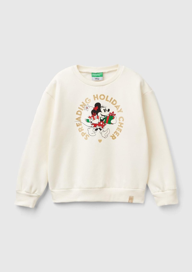  Kız Çocuk Ekru Etek Ucu Logolu Mickey Mouse Baskılı Rahat Kesim Sweatshirt