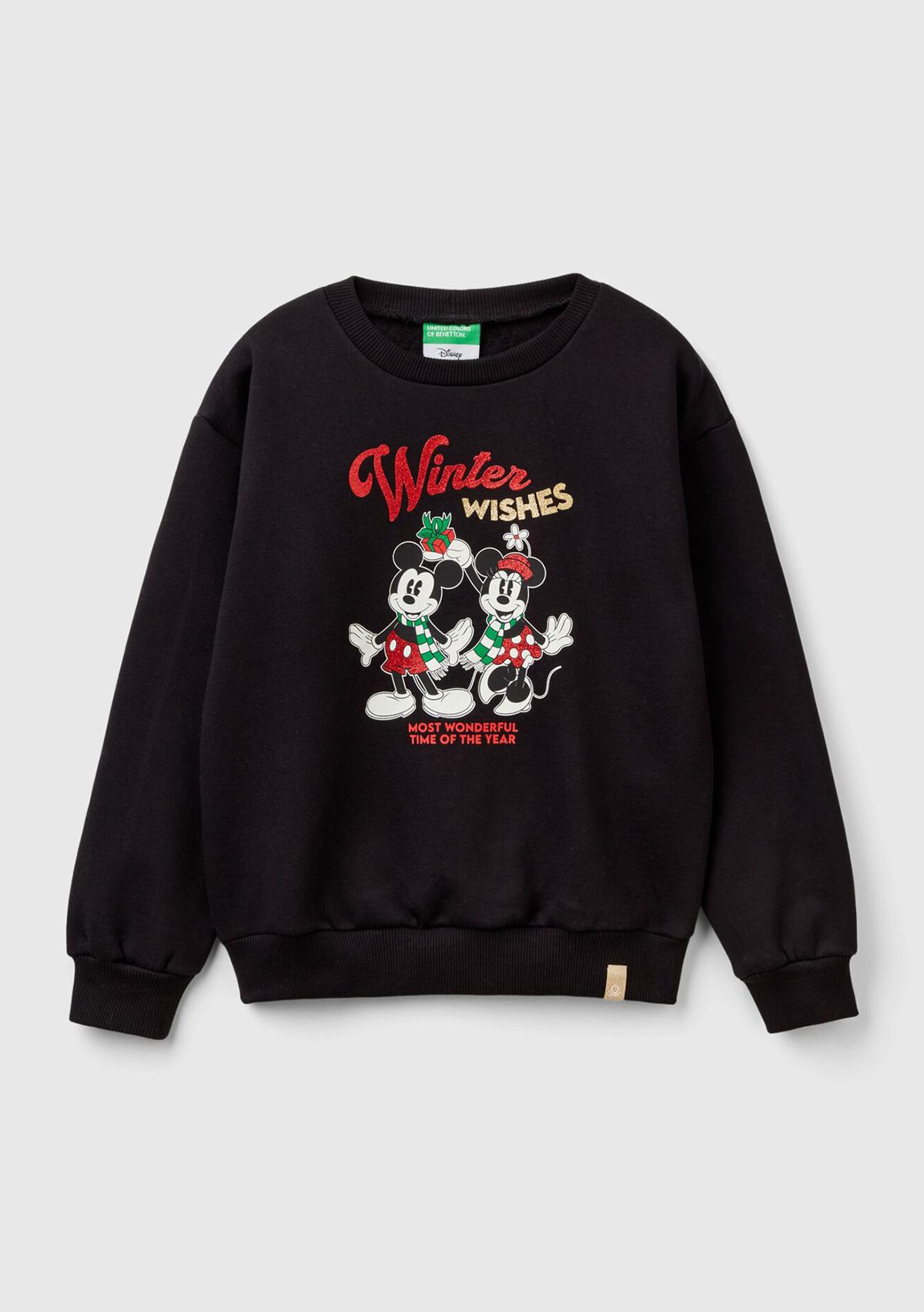  Kız Çocuk Siyah Etek Ucu Logolu Mickey Mouse Baskılı Rahat Kesim Sweatshirt