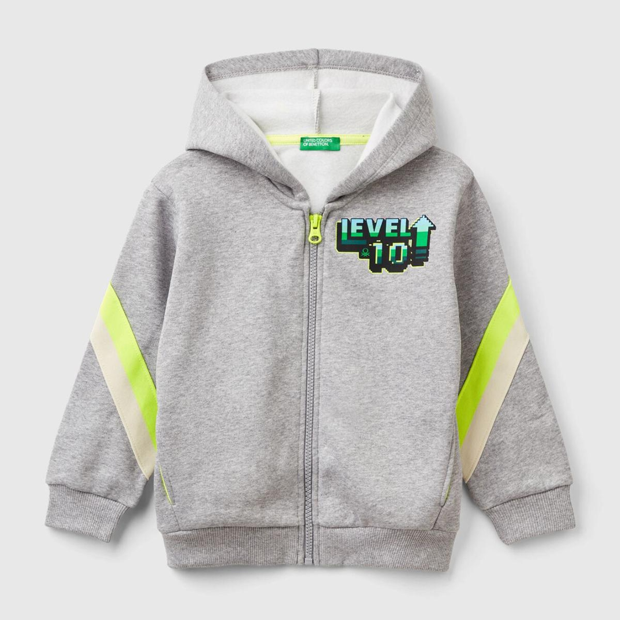 Erkek Çocuk Gri Melanj Baskılı Kolları Şerit Detaylı Fermuarlı Kapüşonlu Sweatshirt