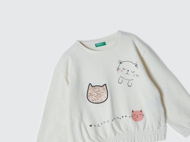  Kız Çocuk Ekru Önü Baskılı Etek Ucu Elastik Fitilli Bisiklet Yaka Sweatshirt