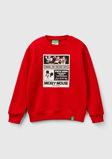 Erkek Çocuk Kırmızı Etek Ucu Logo Etiketli Mickey Mouse Baskılı Sweatshirt