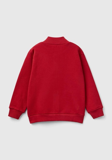  Erkek Çocuk Kırmızı Logo Baskılı Cepli Fermuarlı Dik Yaka Sweatshirt