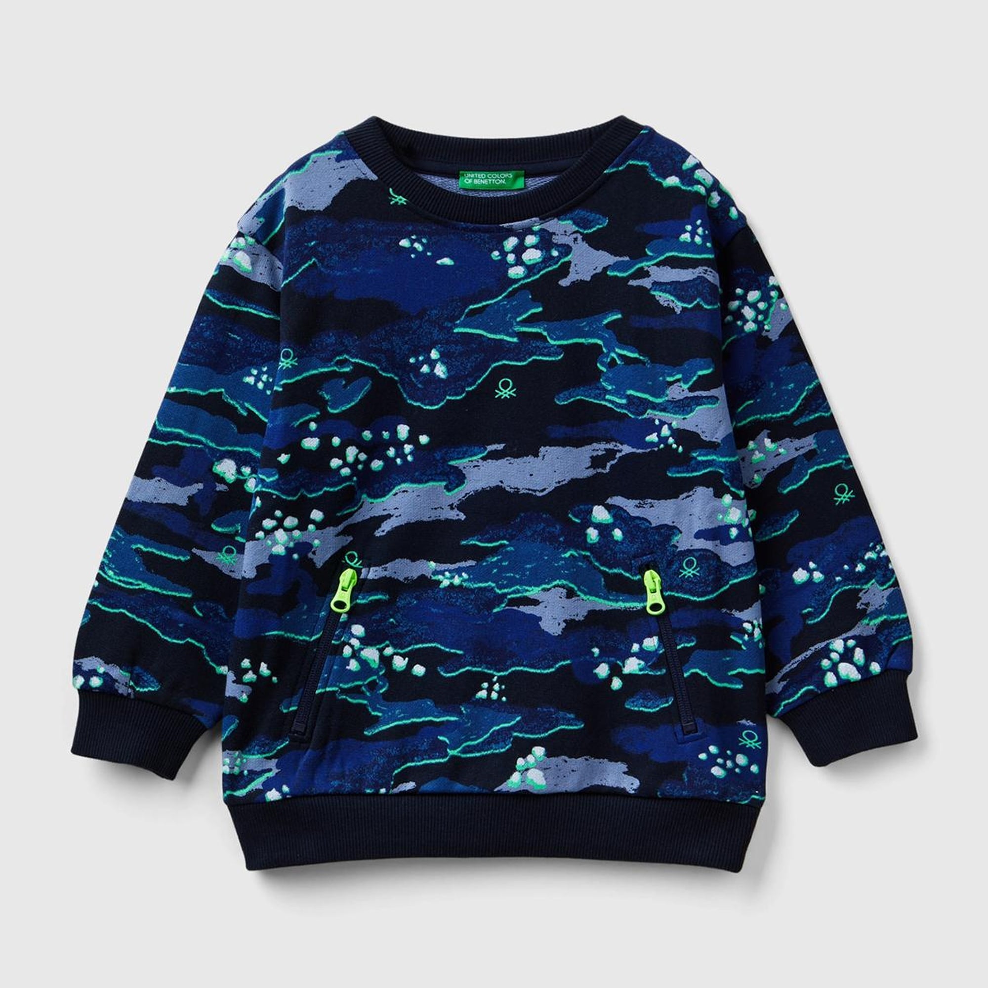 Erkek Çocuk Lacivert Kamuflaj Tamamı Kamuflaj Desenli Fermuarlı Cepli Bisiklet Yaka Sweatshirt