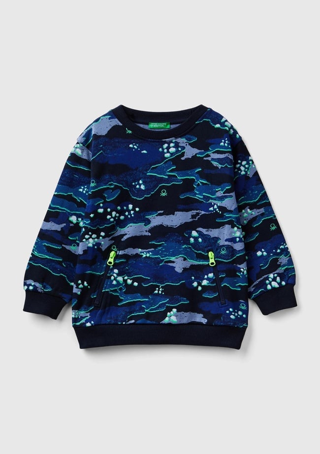  Erkek Çocuk Lacivert Kamuflaj Tamamı Kamuflaj Desenli Fermuarlı Cepli Bisiklet Yaka Sweatshirt