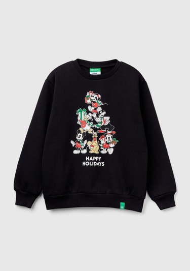  Erkek Çocuk Siyah Etek Ucu Logo Etiketli Mickey Mouse Baskılı Sweatshirt
