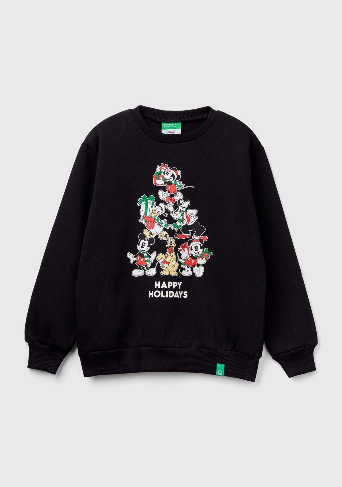  Erkek Çocuk Siyah Etek Ucu Logo Etiketli Mickey Mouse Baskılı Sweatshirt